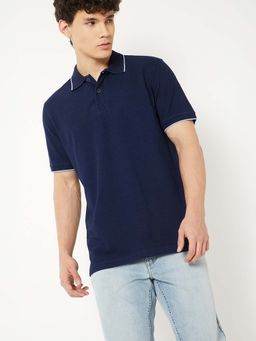 max - Navy Blue Cotton Half Sleeves Collar Neck Solid Polo T-Shirt
