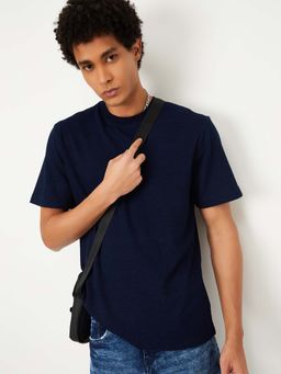 max - Navy Blue Cotton Half Sleeves Crew Neck Textured T-Shirt