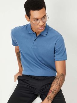 max - Blue Cotton Blend Half Sleeves Collar Neck Textured Polo T-Shirt