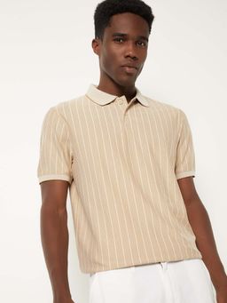 max - Beige Cotton Blend Half Sleeves Collar Neck Stripes Polo T-Shirt