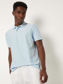 max - Blue Cotton Blend Half Sleeves Collar Neck Stripes Polo T-Shirt