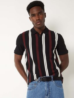 max - Black Cotton Blend Half Sleeves Collar Neck Stripes Polo T-Shirt