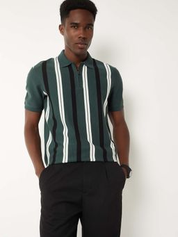 max - Green Cotton Blend Half Sleeves Collar Neck Stripes Polo T-Shirt