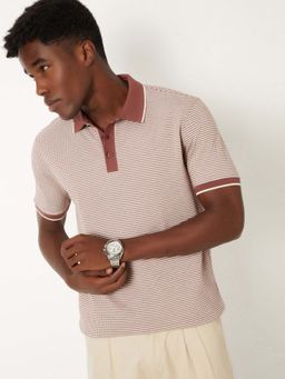 max - Orange Cotton Blend Half Sleeves Collar Neck Textured Polo T-Shirt