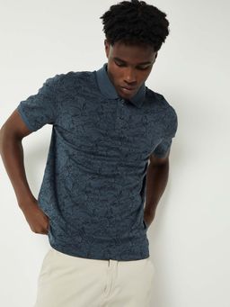 max - Navy Blue Cotton Blend Half Sleeves Collar Neck Printed Polo T-Shirt