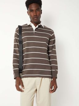 max - Brown Cotton Blend Half Sleeves Collar Neck Stripes Polo T-Shirt