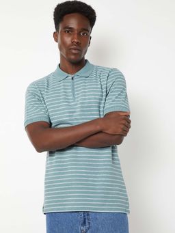 max - Blue Cotton Blend Half Sleeves Collar Neck Stripes Polo T-Shirt