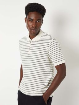 max - White Cotton Blend Half Sleeves Collar Neck Stripes Polo T-Shirt