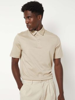 max - Beige Cotton Half Sleeves Collar Neck Solid Polo T-Shirt