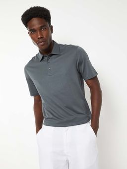 max - Grey Cotton Half Sleeves Collar Neck Solid Polo T-Shirt