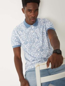 max - Blue Cotton Blend Half Sleeves Collar Neck Floral Polo T-Shirt