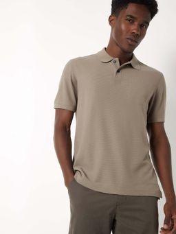 max - Beige Cotton Blend Half Sleeves Collar Neck Solid Polo T-Shirt