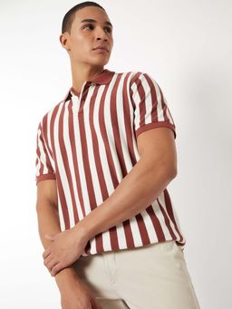 max - Orange Cotton Blend Half Sleeves Collar Neck Stripes Polo T-Shirt