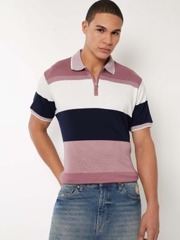 max - Multi-Color Cotton Blend Half Sleeves Collar Neck Colorblock Polo T-Shirt