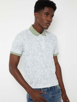 max - Green Cotton Blend Half Sleeves Collar Neck Floral Polo T-Shirt
