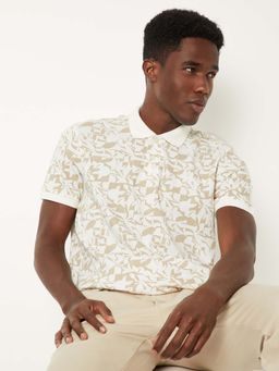 max - Beige Cotton Blend Half Sleeves Collar Neck Printed Polo T-Shirt