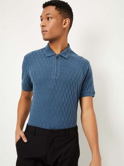 max - Blue Polyester Blend Half Sleeves Collar Neck Self Design Polo T-Shirt