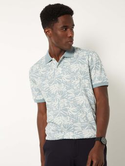 max - Blue Cotton Blend Half Sleeves Collar Neck Printed Polo T-Shirt