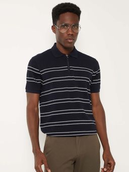 max - Black Cotton Blend Half Sleeves Collar Neck Stripes Polo T-Shirt