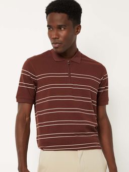 max - Orange Cotton Blend Half Sleeves Collar Neck Stripes Polo T-Shirt