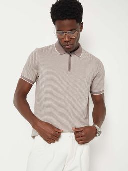max - Beige Cotton Blend Half Sleeves Collar Neck Textured Polo T-Shirt