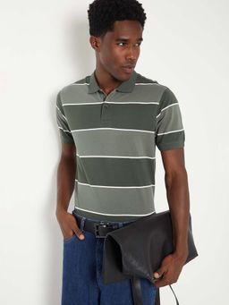 max - Green Cotton Blend Half Sleeves Collar Neck Stripes Polo T-Shirt