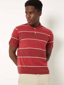 max - Red Cotton Blend Half Sleeves Collar Neck Stripes Polo T-Shirt
