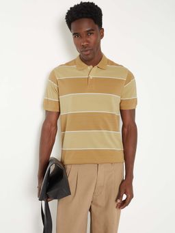 max - Mustard Cotton Blend Half Sleeves Collar Neck Stripes Polo T-Shirt