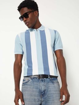 max - Blue Cotton Blend Half Sleeves Collar Neck Stripes Polo T-Shirt