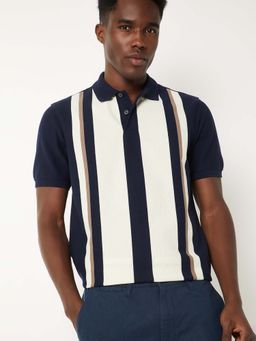max - Blue Cotton Blend Half Sleeves Collar Neck Stripes Polo T-Shirt