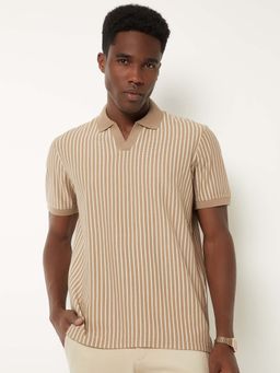 max - Beige Cotton Blend Half Sleeves Collar Neck Stripes Polo T-Shirt