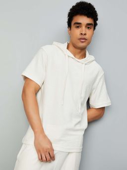 max - Beige Cotton Blend Half Sleeves Hooded Textured T-Shirt