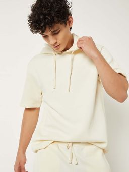 max - Beige Polyester Half Sleeves Hooded Textured T-Shirt