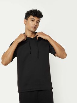 max - Black Polyester Half Sleeves Hooded Textured T-Shirt