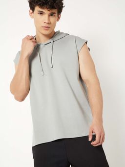 max - Grey Polyester Blend Half Sleeves Hooded Solid T-Shirt