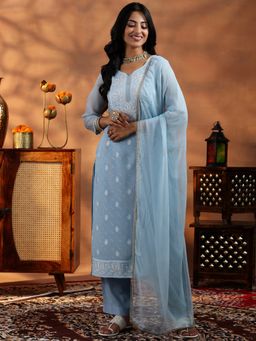 Libas - Blue Organza Embroidered Kurta with Pant and Dupatta (Set of 3)