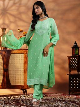 Libas - Green Organza Embroidered Kurta with Pant and Dupatta (Set of 3)