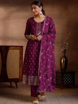Libas - Purple Silk Blend Woven Kurta with Pant and Dupatta (Set of 3)
