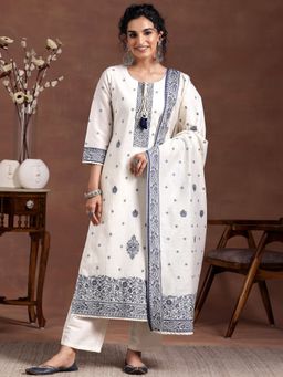 Libas - Off White Chanderi Silk Floral Kurta with Pant and Dupatta (Set of 3)