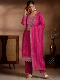 Libas - Pink Silk Blend Embroidered Kurta with Pant and Dupatta (Set of 3)