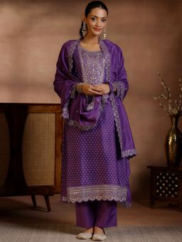 Libas - Purple Silk Blend Embroidered Kurta with Pant and Dupatta (Set of 3)