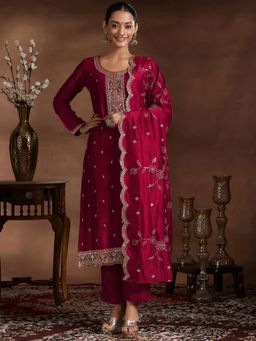 Libas - Maroon Silk Blend Embroidered Kurta with Pant and Dupatta (Set of 3)