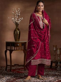 Libas - Maroon Silk Blend Embroidered Kurta with Pant and Dupatta (Set of 3)