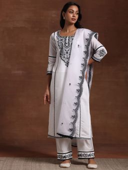 Libas - White Silk Blend Embroidered Kurta with Pant and Dupatta (Set of 3)