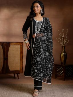 Libas - Black Silk Blend Embroidered Kurta with Pant and Dupatta (Set of 3)