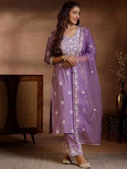 Libas - Lavender Silk Blend Embroidered Kurta with Pant and Dupatta (Set of 3)