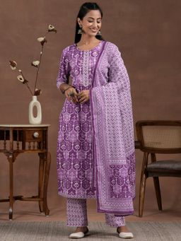 Libas - Purple Pure Cotton Floral Kurta with Pant and Dupatta (Set of 3)