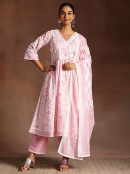 Libas - Pink Pure Cotton Floral Angrakha Kurta with Pant and Dupatta (Set of 3)