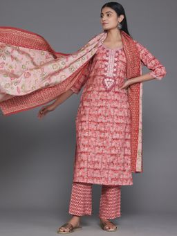 Libas - Maroon Silk Blend Printed Kurta with Palazzo and Dupatta (Set of 3)