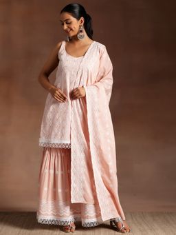 Libas - Peach Pure Cotton Embroidered Kurta with Sharara and Dupatta (Set of 3)